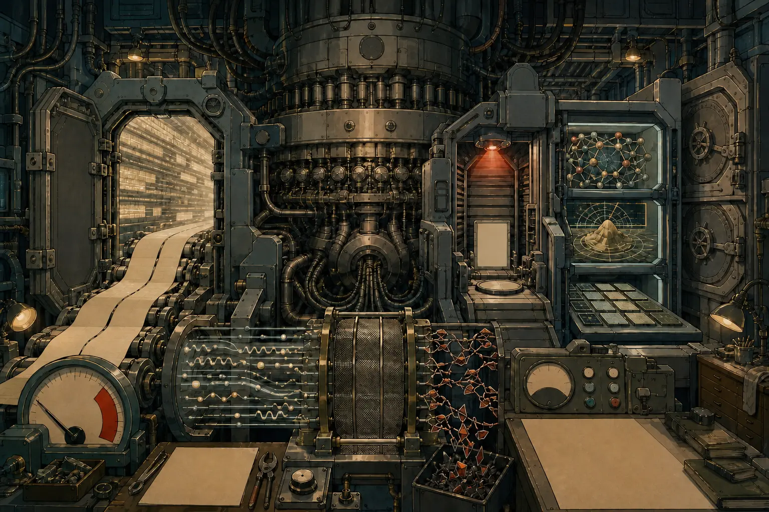 Hand-painted OVA cel of a single heavy machine core branching into two permission gates — one wide open with cache tapes and cost dials flowing through, one verified checkpoint leading to lab instruments for protein lattice, Venus radar topography, and GPU kernel grids — safeguards filtering with fewer interruptions, under pooled workshop light