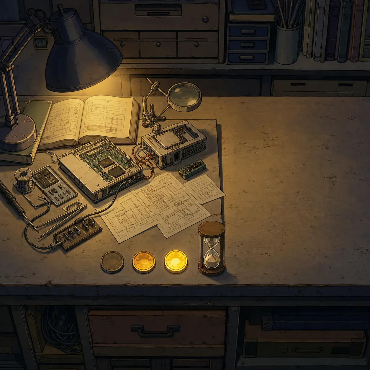Workshop bench holding a single agentic coding job — tools and manuals laid out under pooled light with turn markers showing rising cache reuse, beside an empty counter cleared between chat orders