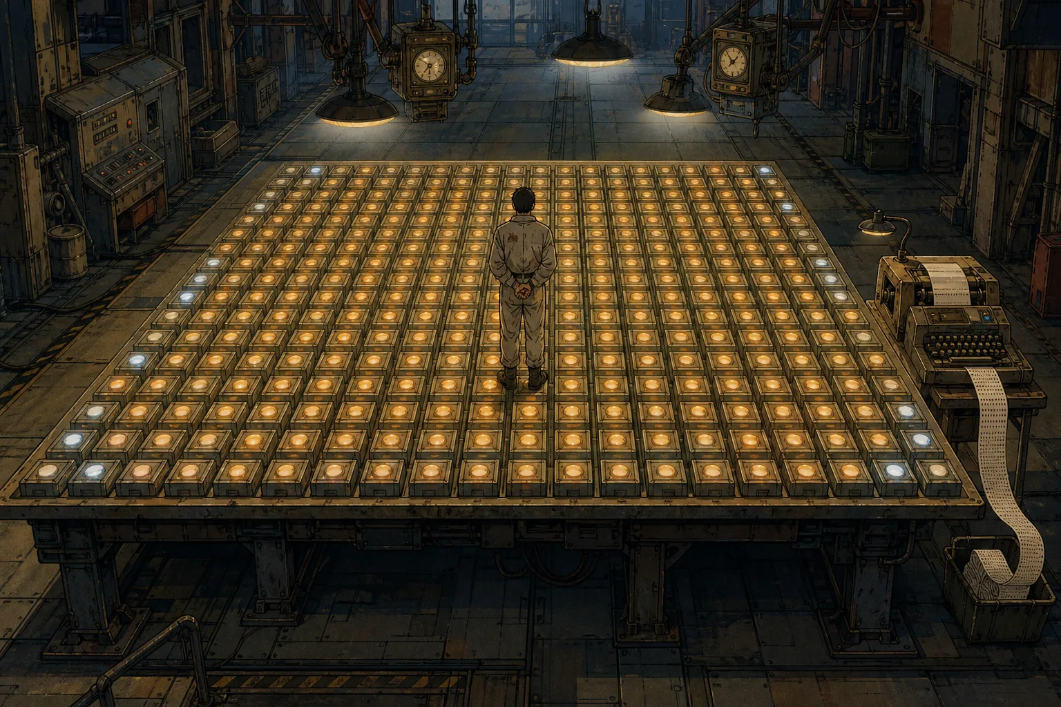 Hand-painted OVA cel of a vast typesetting table with 256 metal blocks being refined in parallel under inspection gauges, beside a single sequential teletype for contrast