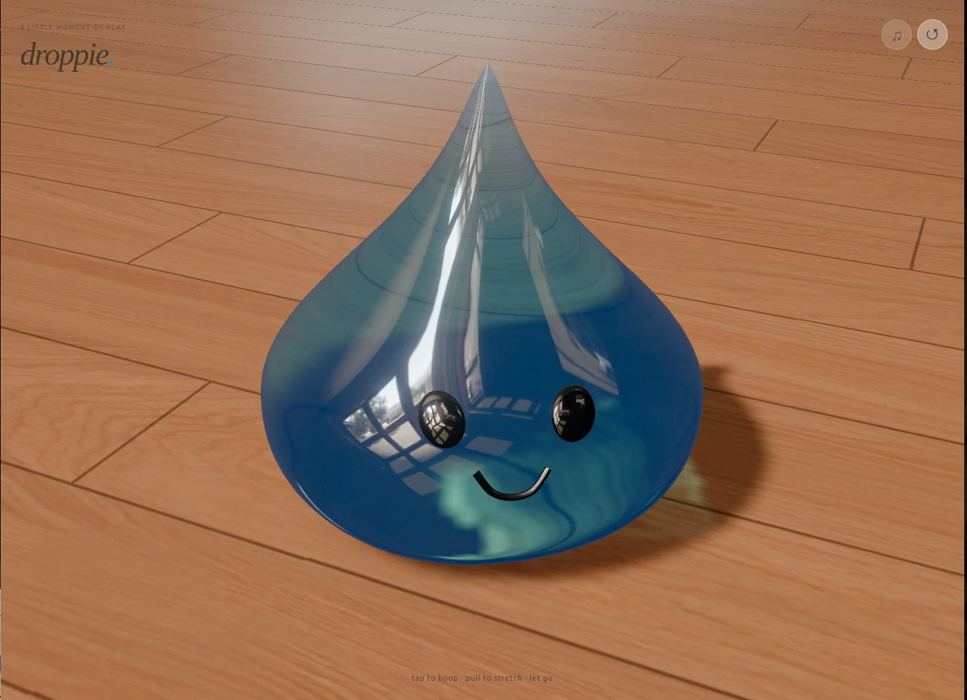 Smiling glossy blue water-drop character Droppie on a wooden floor, with Droppie logo top-left and music and reset buttons top-right