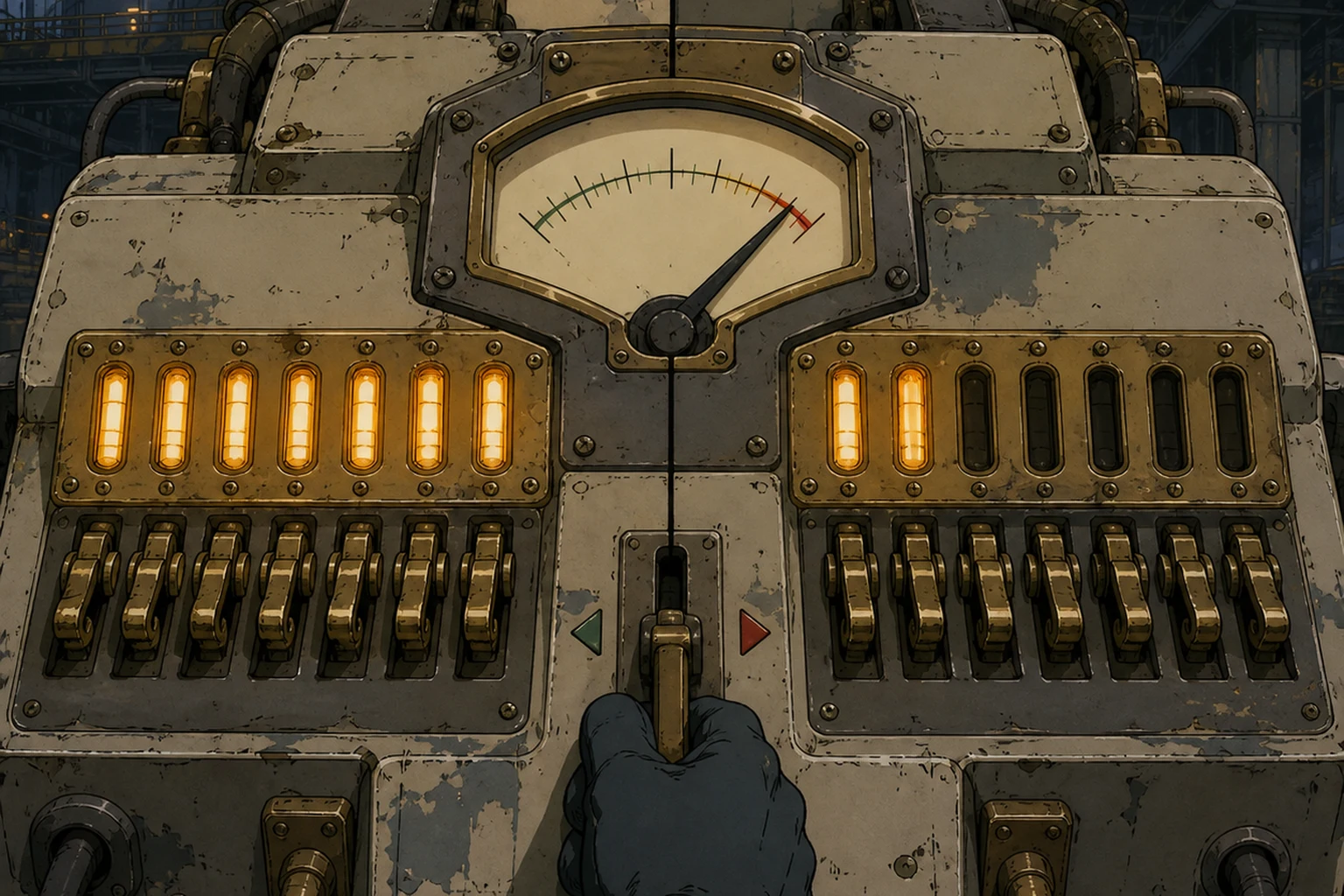 Hand-painted OVA cel of a single allocator console shown as a split diptych — long verified row lit when lightly loaded, short row when heavily loaded, linked by a swinging load gauge