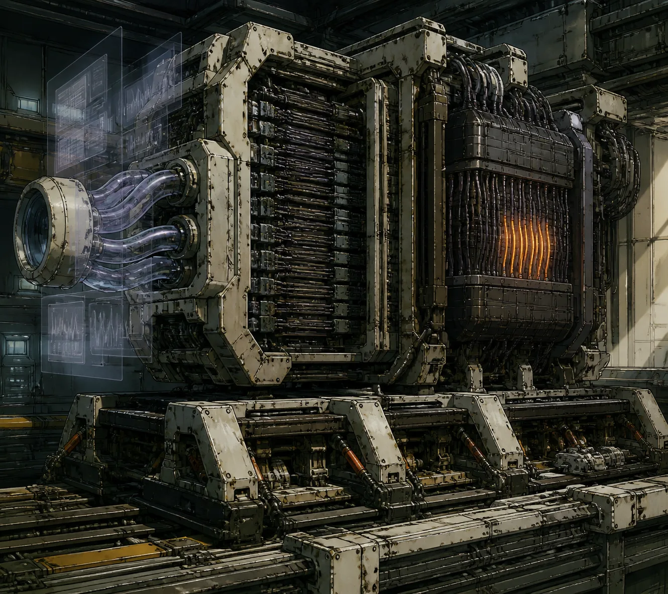 Hand-painted 1990s OVA cel of a 45-layer flash engine with linear-sparse attention conduits, manifold-constrained hyper-connections, and a visual intake for multimodal work