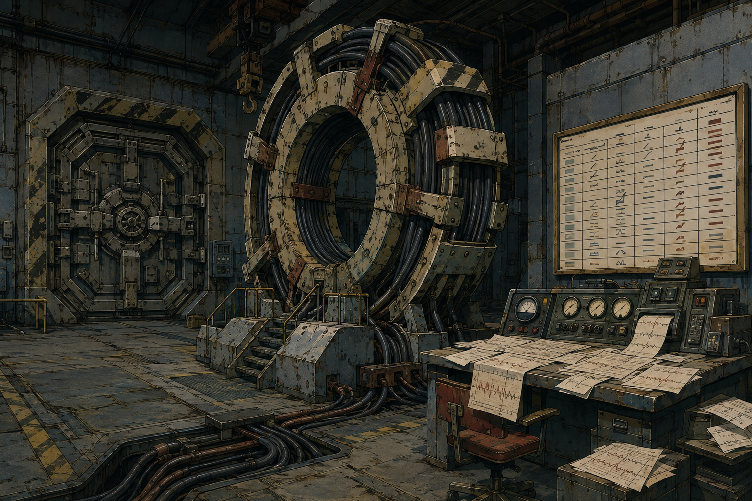 Hand-painted 1990s OVA cel of a weathered launch hall — looped coil apparatus routing cables through one ring, sealed vault door, analog monitoring desk with trace readouts, and status board