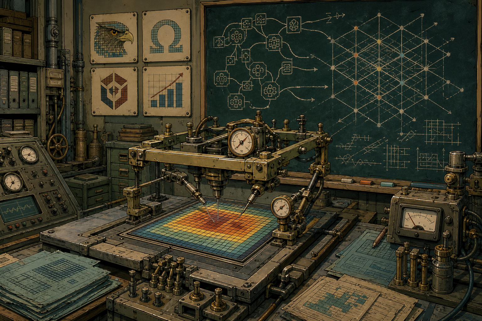 Brass-trimmed diagnostic frame inspecting a tiled GPU die grid in a maintenance archive, with a chalkboard lattice of laser-method diagrams behind