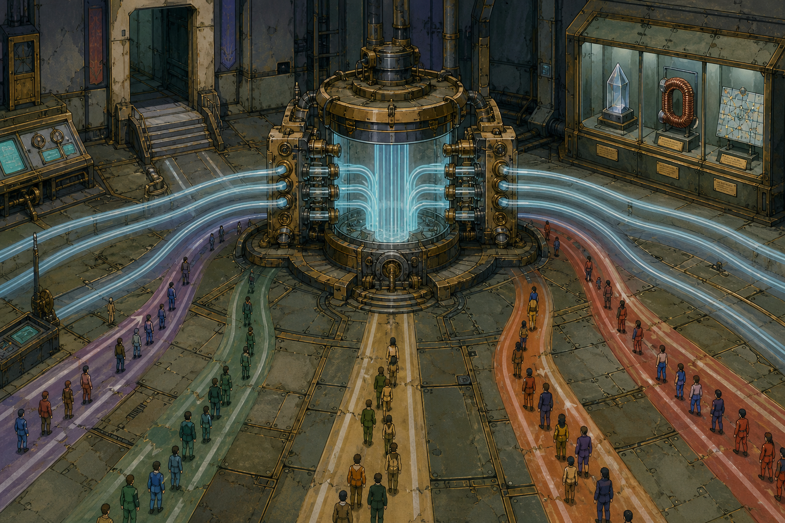 Diffusion vessel converting a MoE engine block into a flow chamber, with skill tracks guided by entropy ribbons and a vitrine of K-candidate and looped-coil props behind