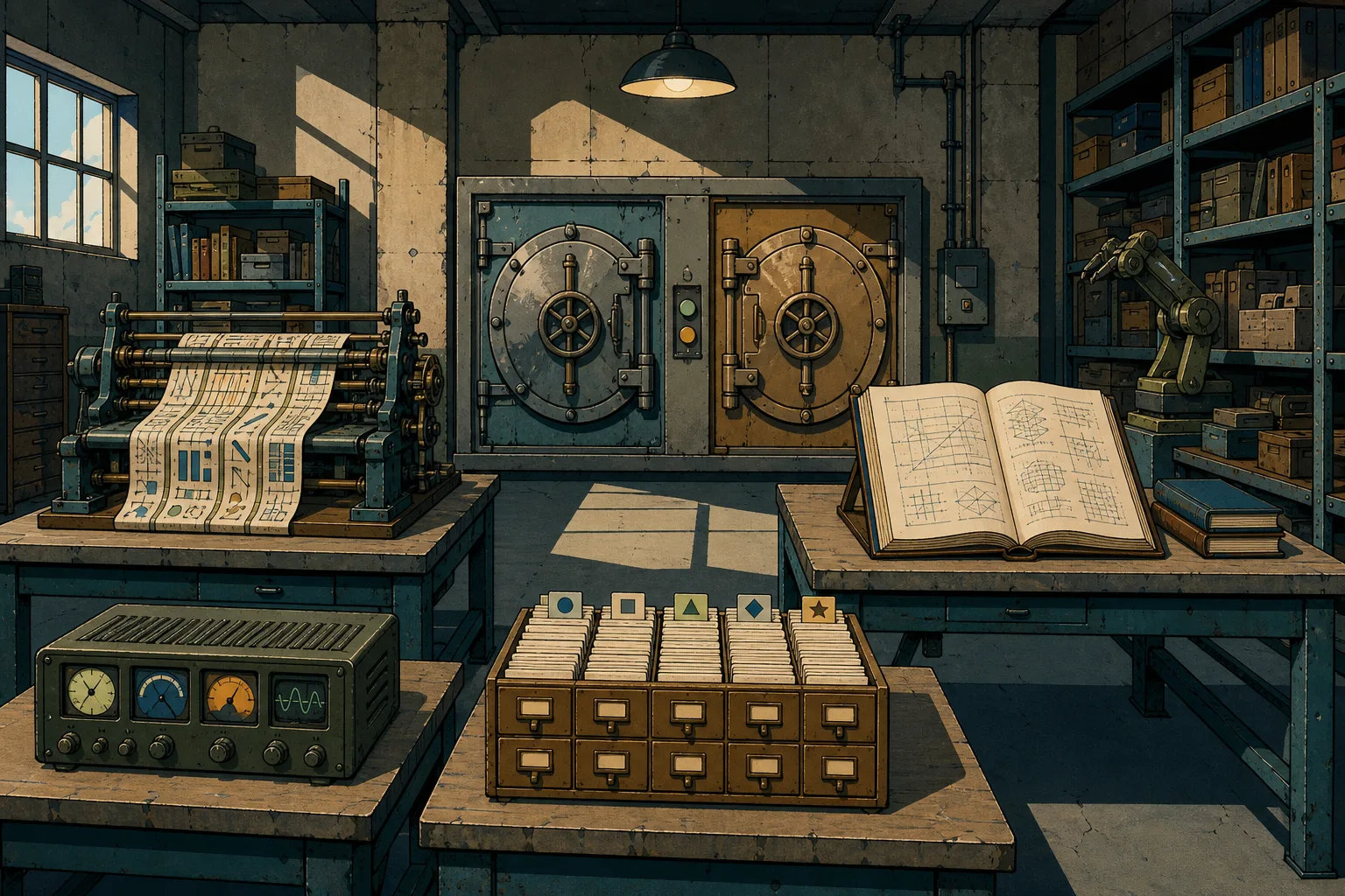 Hand-painted 1990s OVA cel of a workshop archive with five benches holding a harness loom, robotics curriculum blueprints, dual vault doors, ESP32 dashboard brick, and API card catalog