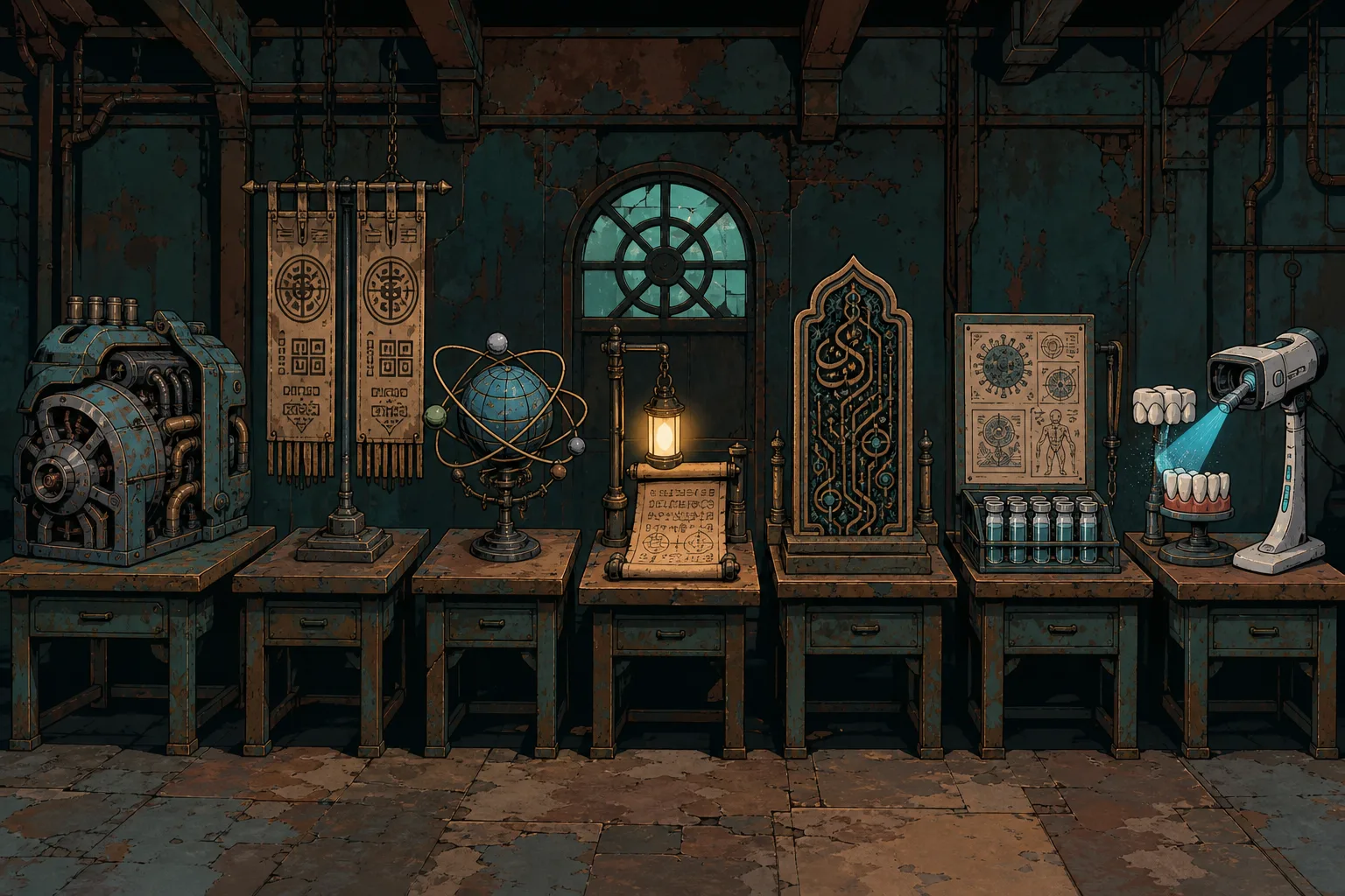 Hand-painted 1990s OVA cel of a workshop bench with seven bays: Qwen max engine, twin flag (ES), H3 world globe, cipher scroll under Fable light, Arabic script tablet, vaccine vial rack, and Dyson camera brush with gap-beam