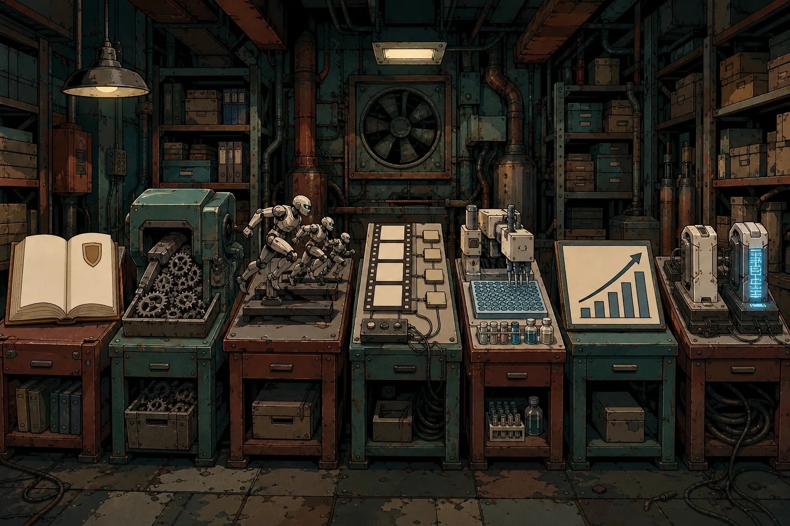 Hand-painted 1990s OVA cel of a workshop archive with seven stations — youth-safety bill, factory overcapacity, humanoid hardware, in-context learning, wet-lab plates, productivity charts, and Gemini flash modules