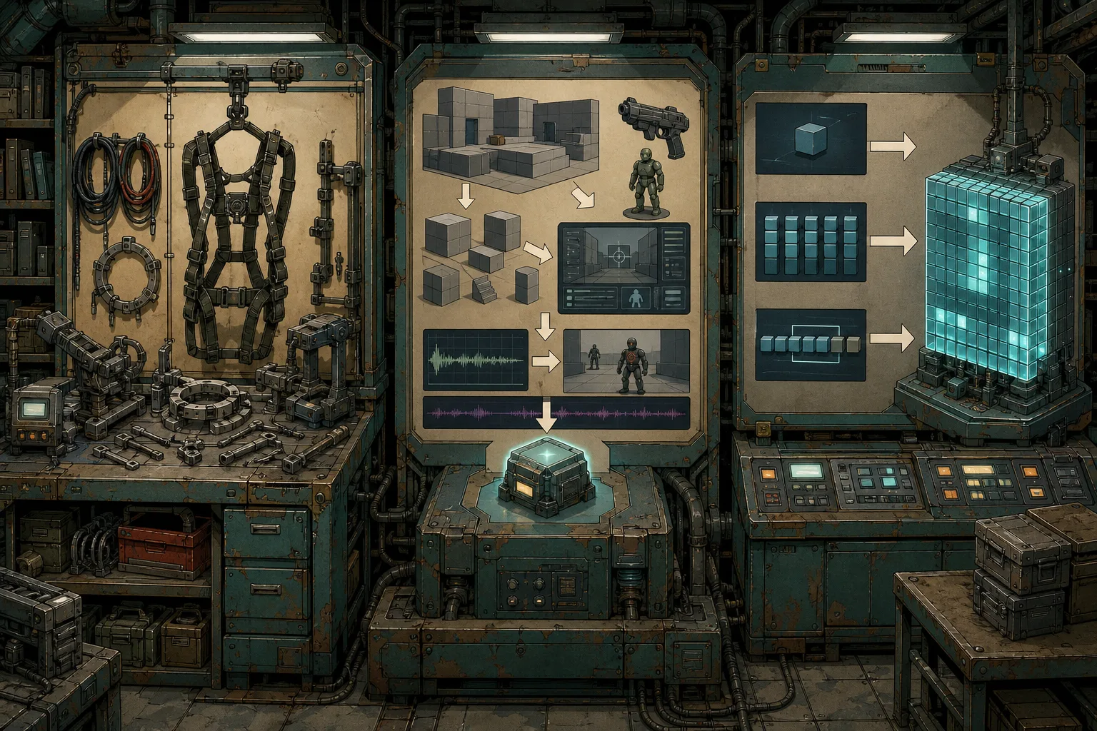 Hand-painted 1990s OVA cel of a workshop archive with three stations — a harness workbench with scaffolding, an iterative loop building an FPS, and a recurrent memory matrix with Falcon updates