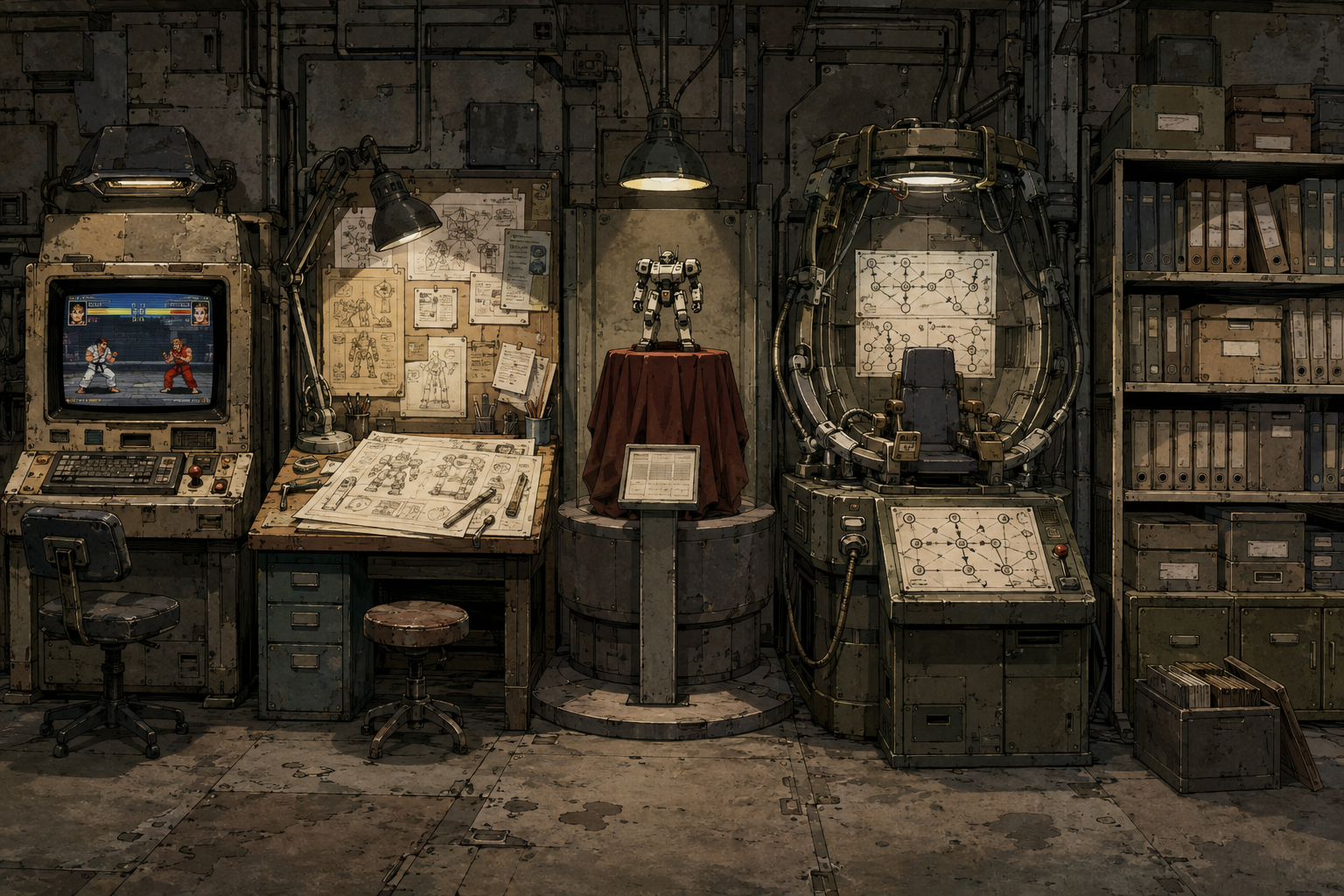 Hand-painted 1990s OVA cel of a weathered workshop archive with five stations — pixel fighting game terminal, model reasoning desk, staged launch pedestal, training loop apparatus, and knowledge file shelves