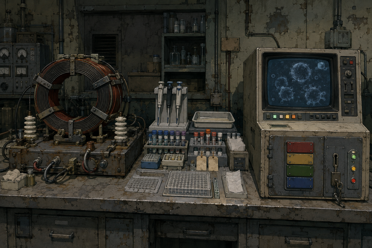Hand-painted 1990s OVA cel of a weathered laboratory bench — looped transformer coil apparatus, antibody assay plates and vials, and a gated image-editing console