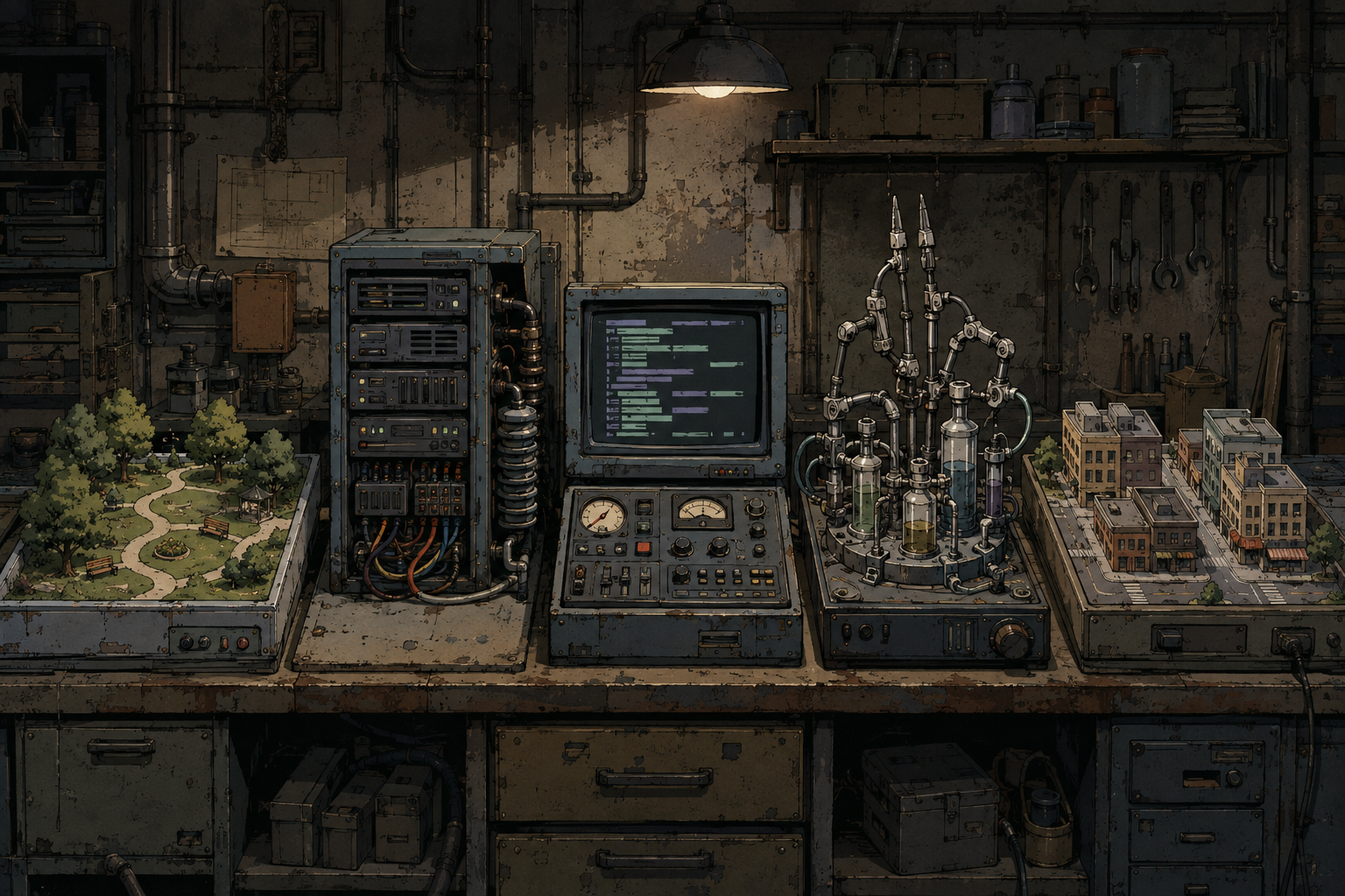 Hand-painted 1990s OVA cel of a weathered engineer workbench with five stations — park diorama, cache server rack, code terminal with gauges, neural receptor vials, and miniature city block