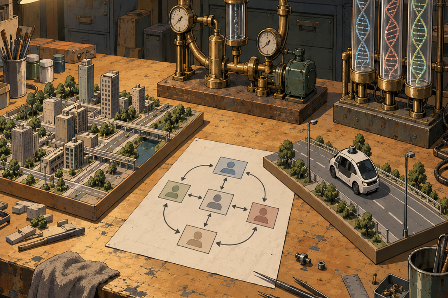Hand-painted 1990s OVA cel of a weathered workbench with five stations — city diorama, agent loop diagram, autonomous car diorama, brass loop machine, and DNA helix vials