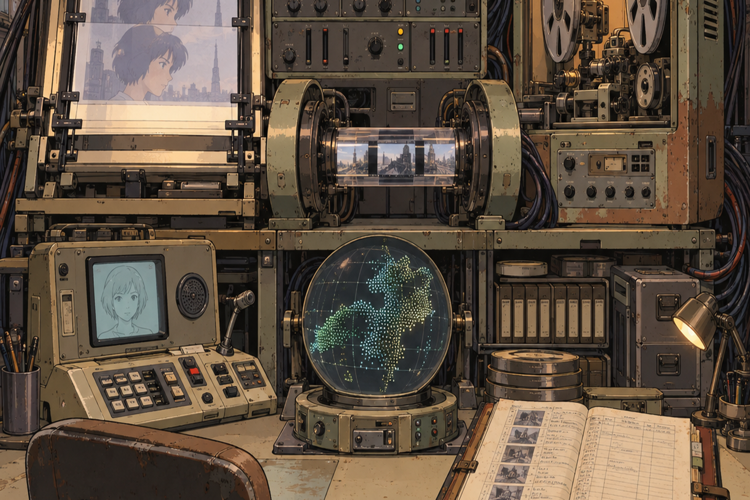 Retro anime workstation with animation stand, control panels, film reels, console terminal, point-cloud globe, and production logbook