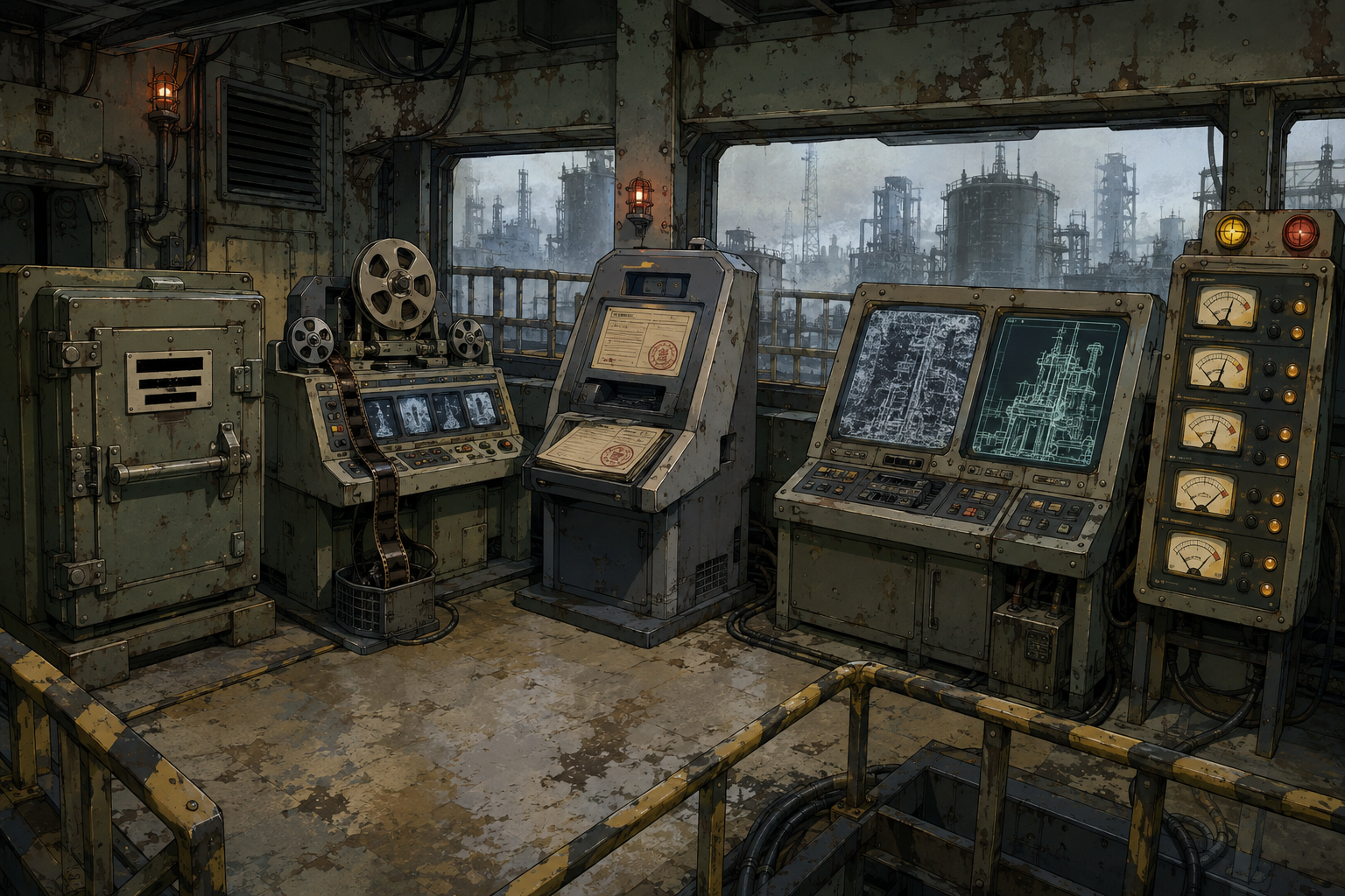 Hand-painted 1990s OVA cel of a weathered observation deck — sealed archive drawer, film reel video console, authorization terminal, schematic viewers, and analog gauge tower