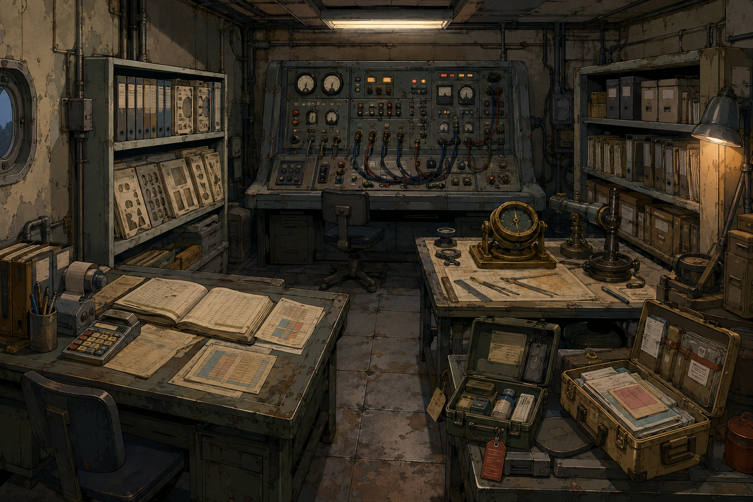 Hand-painted 1990s OVA cel of a weathered planning office — ledger desk, template catalog shelf, goal-loop control console, navigation instruments, field kit, and knowledge maintenance rack