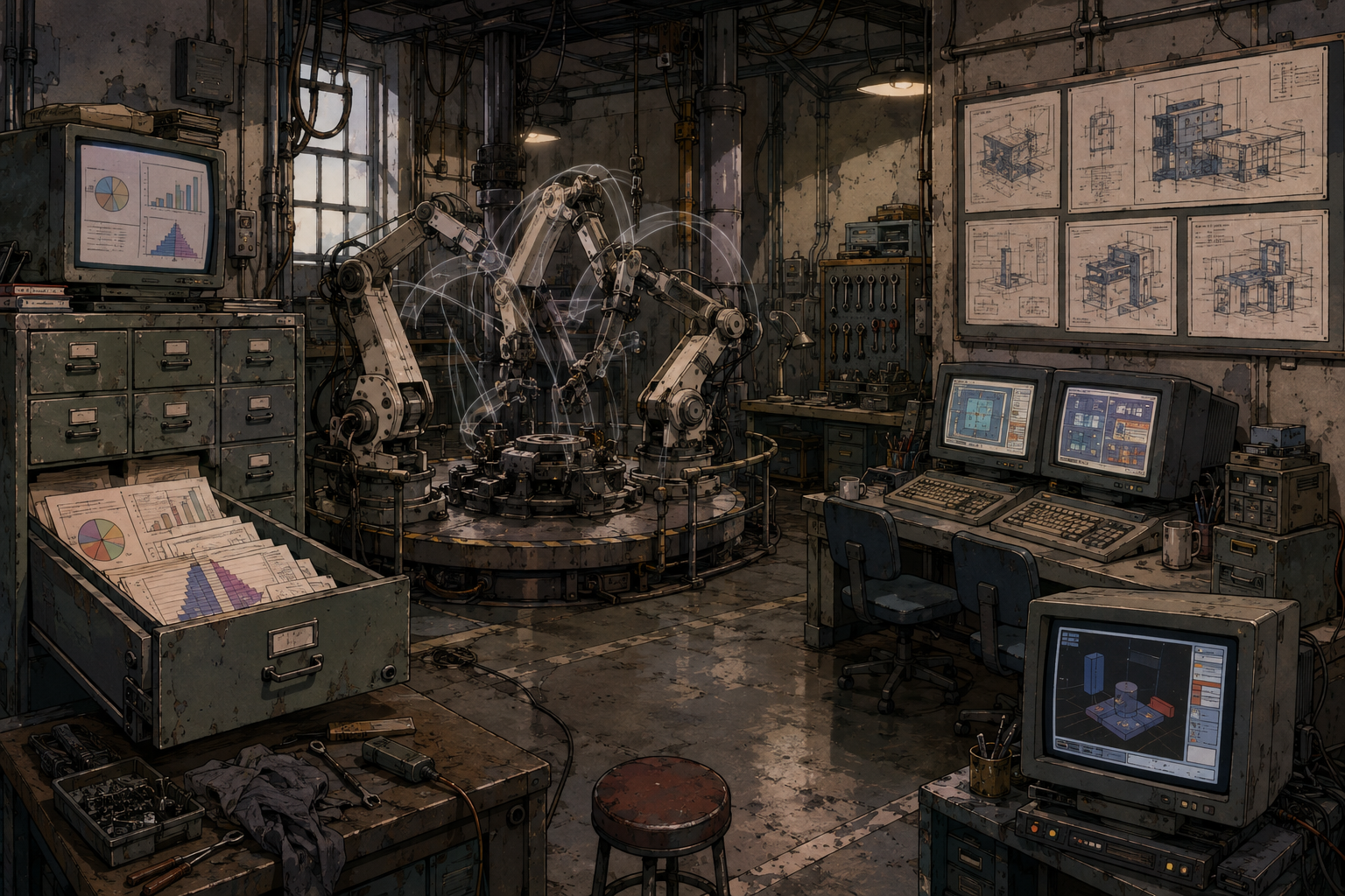 Hand-painted 1990s OVA cel of a weathered robotics workshop — multi-arm test cell with motion trails, archive drawer with charts, pair-programming desk, preview monitor, and blueprint wall