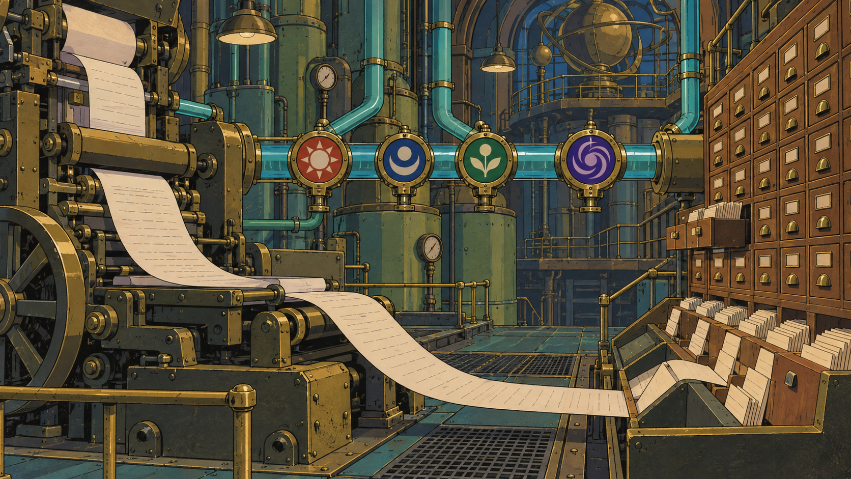 Industrial information factory: document press feeding paper scrolls into a wiki card catalog, attention conduit with four anchor tokens, observatory globe