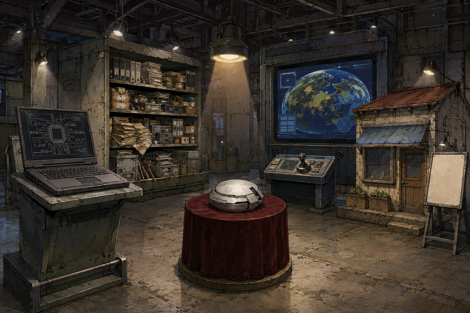 Hand-painted 1990s OVA cel of a weathered hardware showroom — laptop on display stand, silver dome device on velvet pedestal, overflowing artifact shelves, simulation theater screen, and workshop storefront