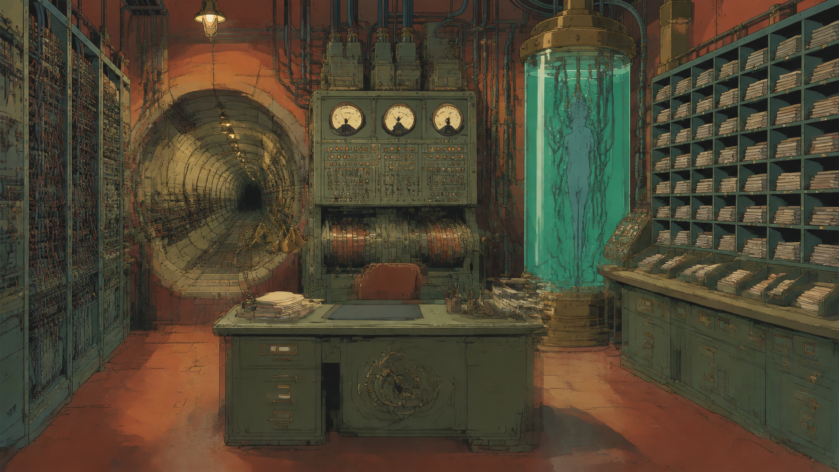 Industrial relay room: tunnel conduit, vault ledger desk, decision console, simulator tank, and inbox sorting wall