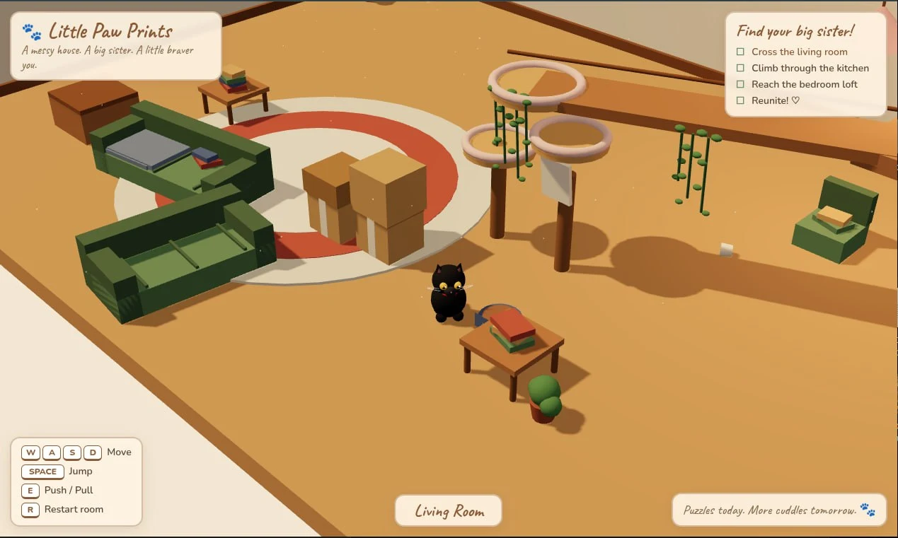 Gameplay screenshot of Little Paw Prints: a tiny black kitten in an isometric living room with green sofas, cardboard boxes, and a climb ramp, with quest tracker and controls in the HUD