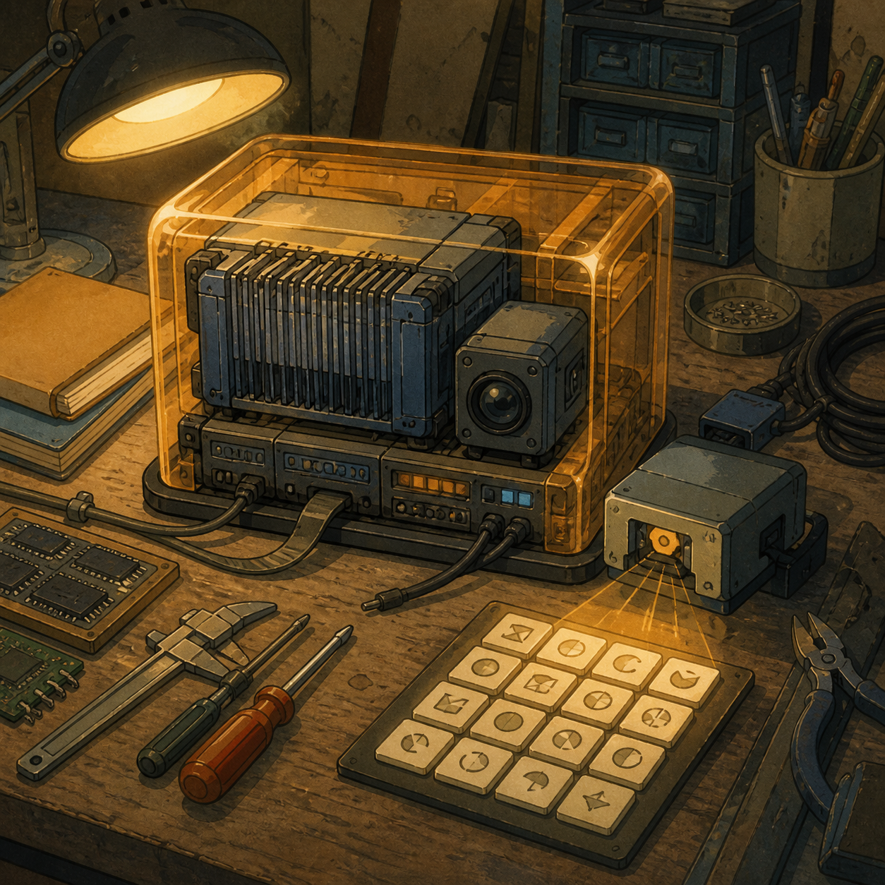 Compact workshop bench with a dense machine core and perception encoder fitting inside a 24GB envelope, tools and manuals kept laid out under pooled light, small block-diffusion drafter proposing token blocks