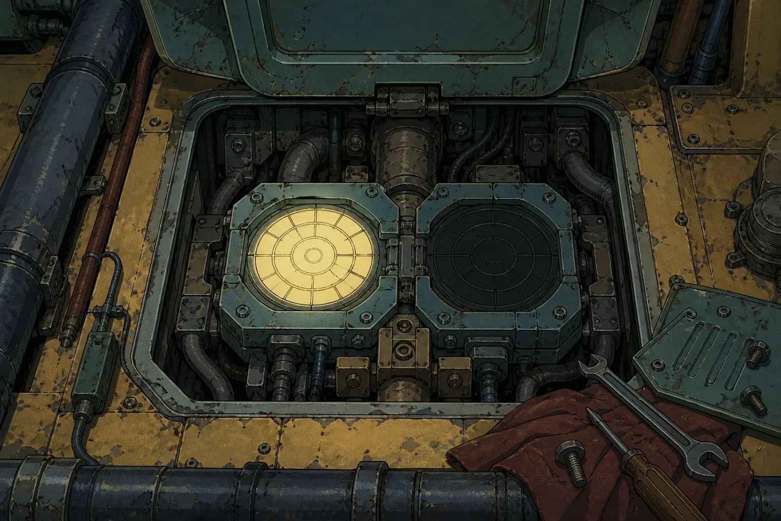 Hand-painted 1990s OVA cel of a compact low-rank adapter with two interlocked projection plates, one plate normalized to uniform rings, calibrating a larger engine behind it