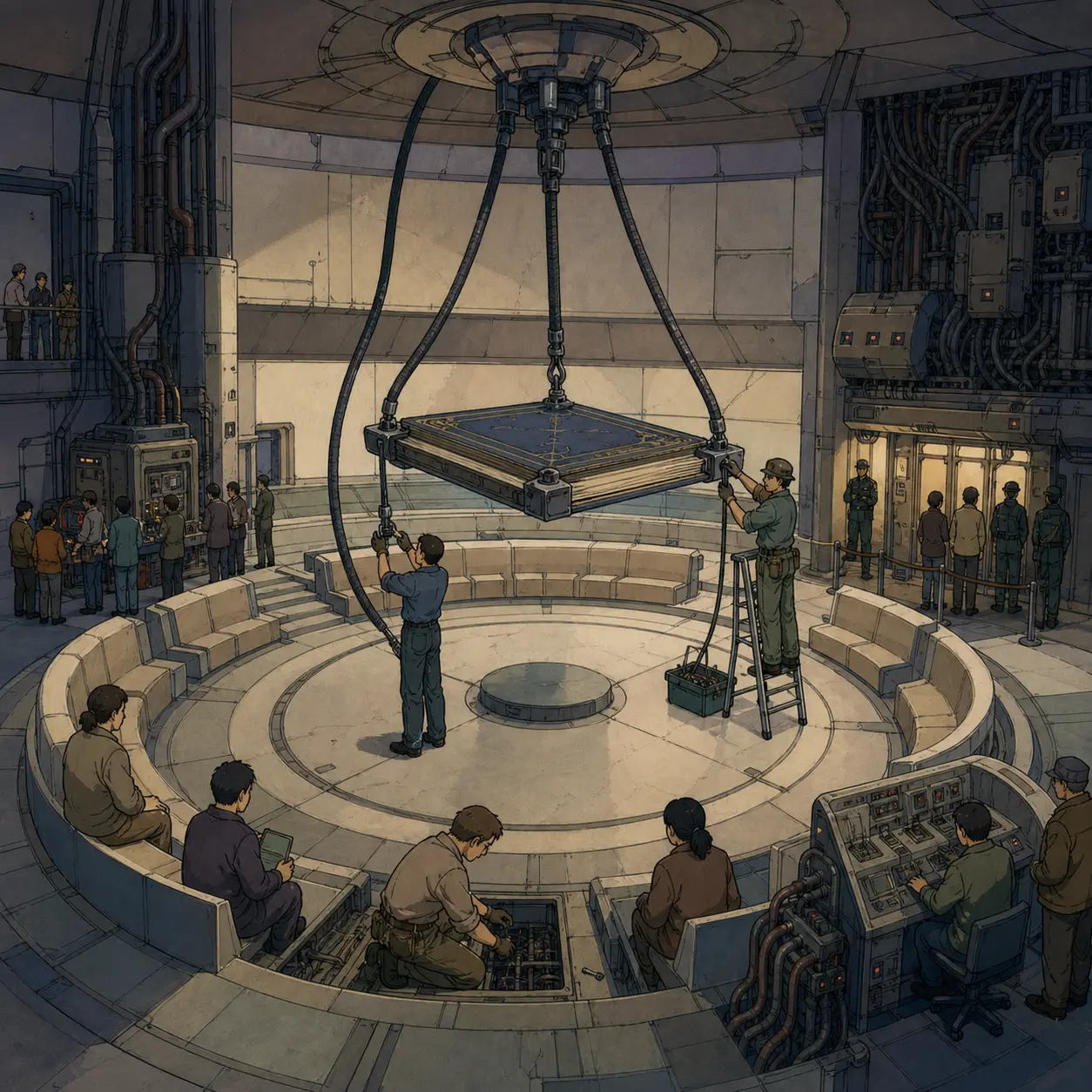 Civic assembly hall as maintained machinery — circular geared dais beneath a suspended constitutional ledger, tethered by three maintenance cables, centralized conduits creeping at the periphery