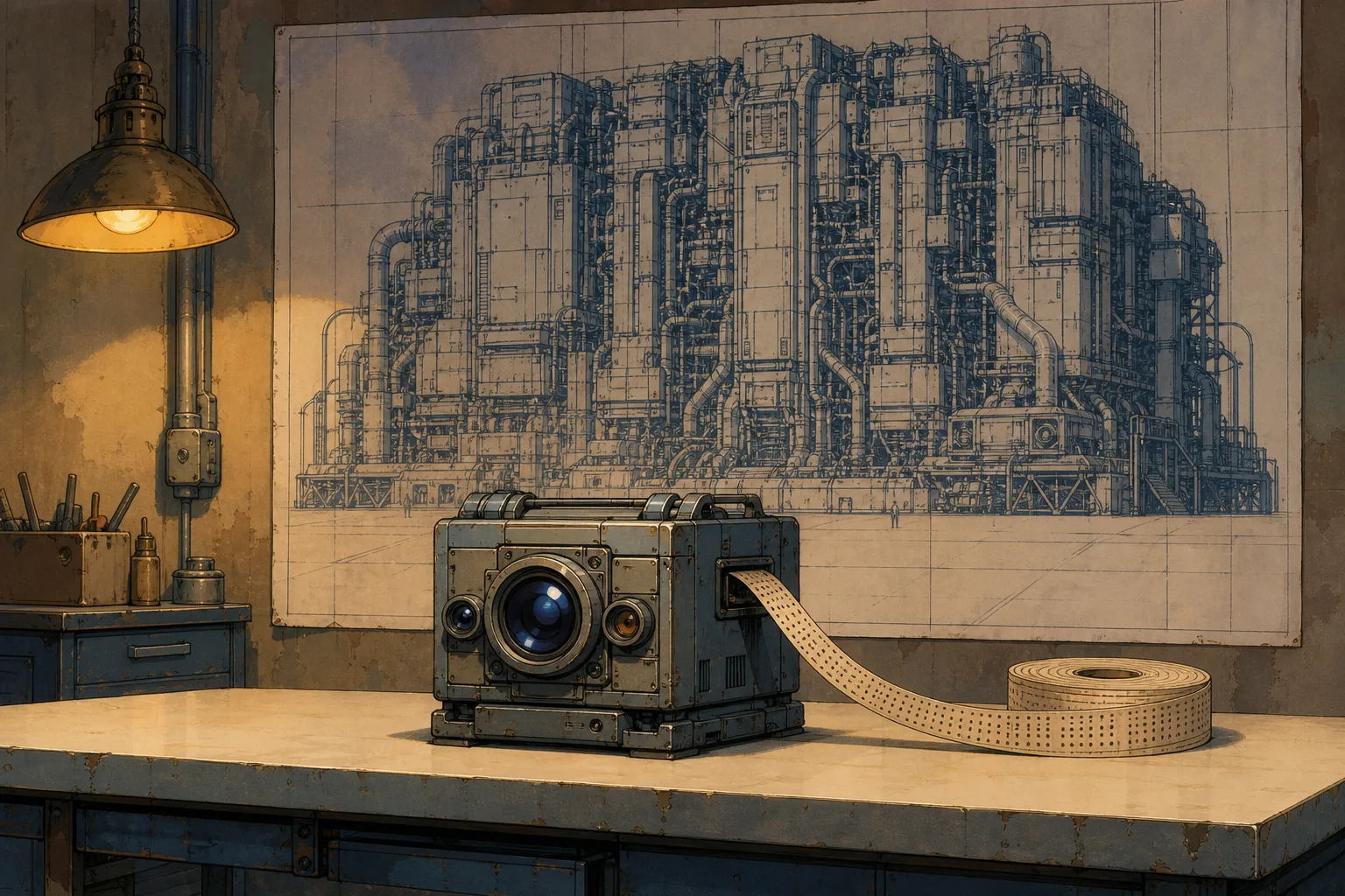 Hand-painted OVA cel of a compact, precise 27B machine with vision optics and long context tape, beside schematics of its 2.4T sibling