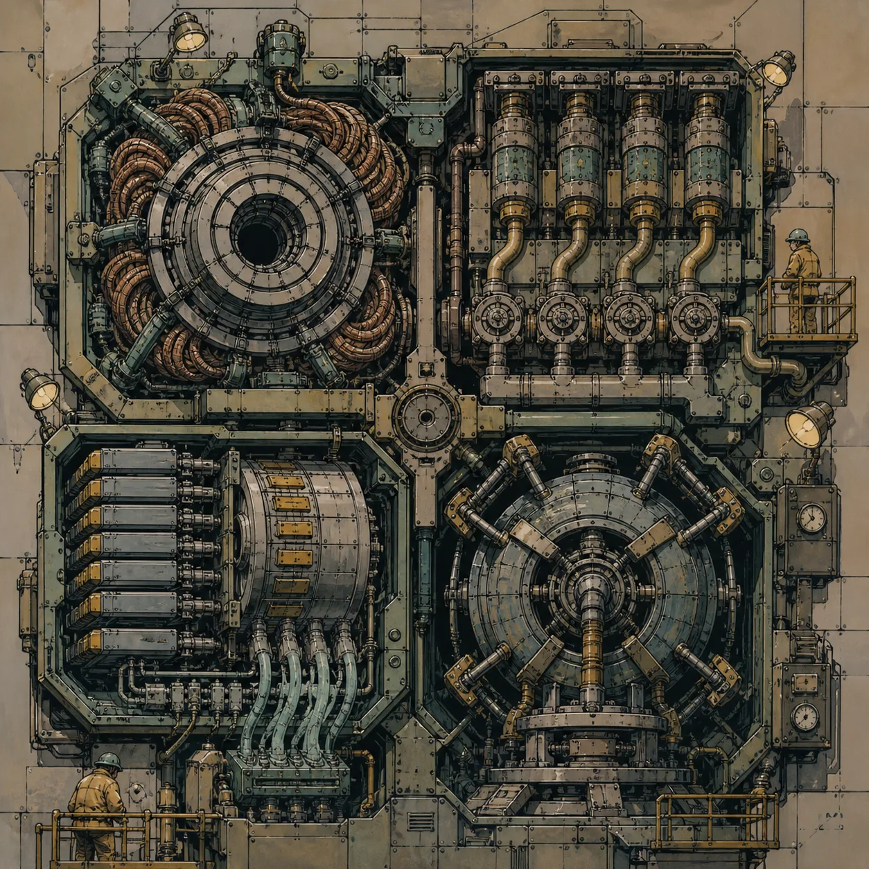 Hand-painted 1990s OVA cel of a modular flash engine with four visible subsystems — hybrid attention, gated residual, n-gram host-memory lookup, and stabilized optimizer