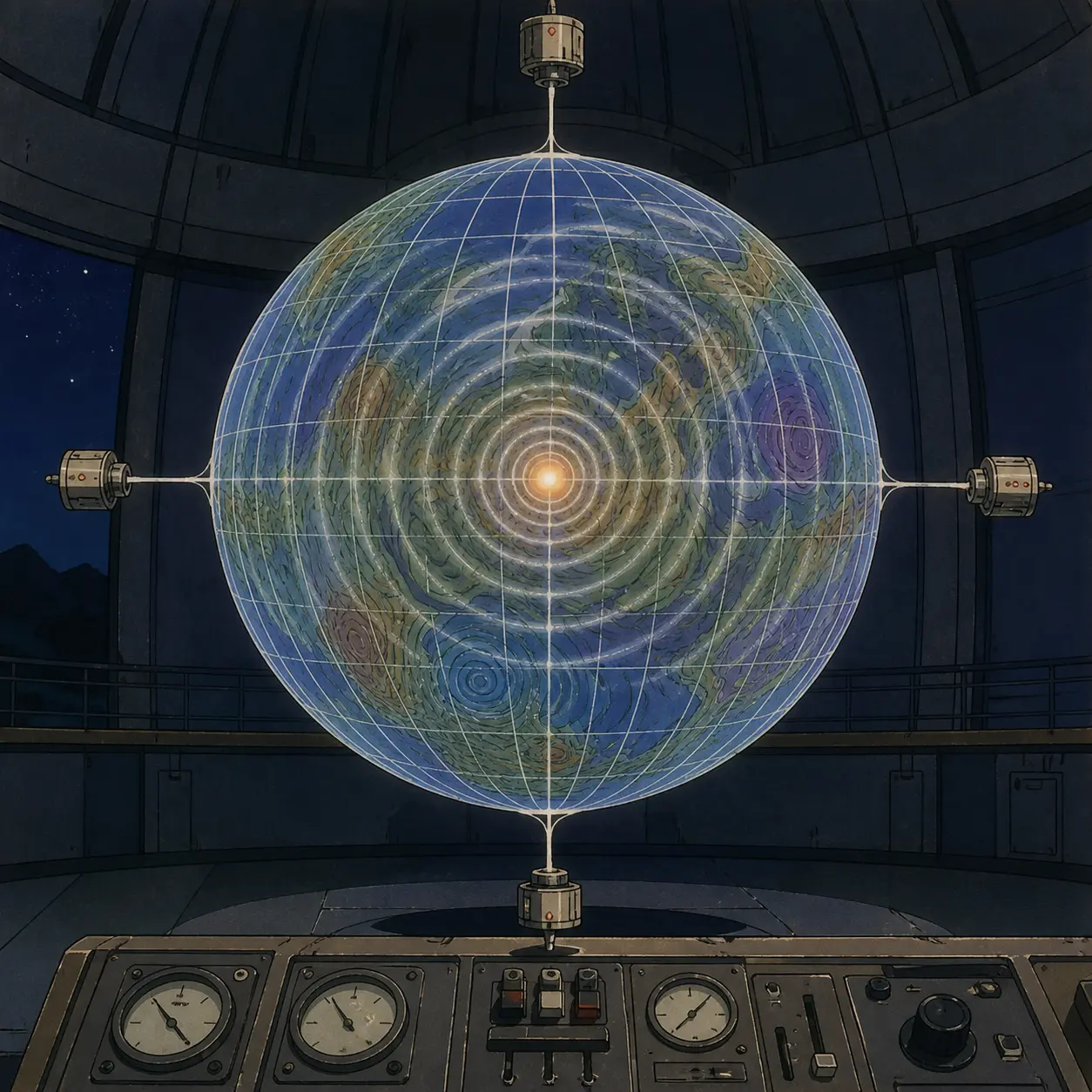 Translucent spherical weather lattice with a central perturbation radiating coherent wavefronts, tethered by four brass anchor towers in a dim observatory